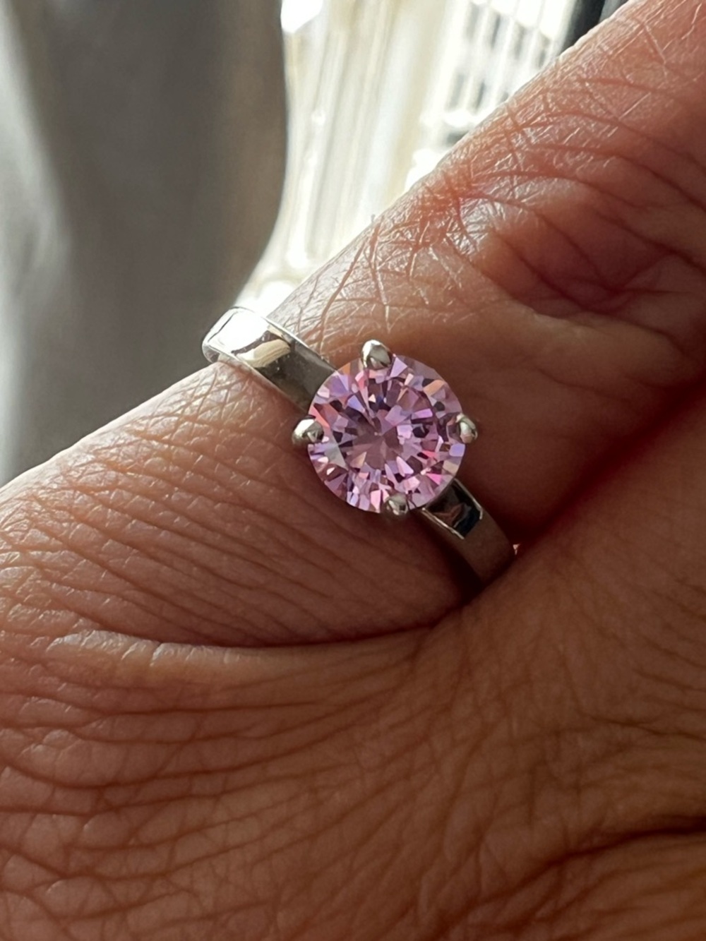Silver Tone Pink CZ Solitaire Ring Romantic Size 5.75 6.75